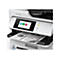 Nahaufnahme eines Epson Druckers mit Touchscreen-Display und gedrucktem Dokument im Ausgabefach.