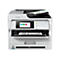 Ein weißer Epson Multifunktionsdrucker vor neutralem Hintergrund mit Touchscreen-Display und Papierfach.