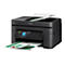 Imprimante multifonction Epson noire imprimant un graphique. Le panneau de commande est Ã  gauche, montrant un rectangle bleu. L'imprimante repose sur un fond blanc.