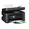 Imprimante multifonction Epson noire avec couvercle ouvert et papier imprimÃ©, fond blanc.