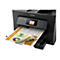 Schwarzer Epson Drucker druckt ein farbiges Dokument. Auf dem Display ist eine BenutzeroberflÃ¤che zu sehen.