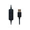 Schwarzes USB-Kabel mit Lautstärkereglern, Mikrofonstummschaltung und USB-Anschluss, isoliert auf weißem Hintergrund.
