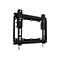 Schwarze TV-Wandhalterung, Metallkonstruktion. Rahmen mit Schrauben und Aussparungen, Bolzen ragen heraus.