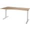 An adjustable desk with a light brown tabletop and grey-white legs. The table has an ergonomic shape.