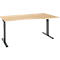 A light brown, ergonomically shaped desk with black legs. It is height-adjustable and stands against a white background.