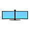 Dual monitor on white background. Blue screens, black frame, central stand.