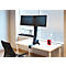 Office desk with two monitors, keyboard, and mouse. A lamp and a picture frame by the window.