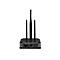 Schwarzer WLAN-Router mit drei Antennen vor weißem Hintergrund.