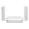 Weißer WLAN-Router mit zwei nach oben gerichteten Antennen vor neutralem Hintergrund.