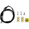 Black cable, screws, metal connectors, and a yellow sticker with symbols.