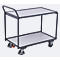 Two-tiered grey serving cart with white surfaces and wheels, isolated on a white background.