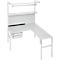 A white corner workstation with a perforated wall, drawers, and lighting, perfect for a workspace.