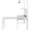 A white, height-adjustable desk with integrated lamp and shelf. Perfect for ergonomic work.