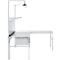 A white height-adjustable work table with integrated lighting and shelves. Against a light background.