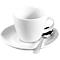 White coffee cup on a saucer with a spoon. Ceramic with smooth surface, simple design.
