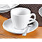White coffee cup with saucer and spoon, on a table.