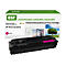 Toner Cartridge, Verpackung mit Text: "environmental, sustainable, responsible". Darunter ein Baum, eine Bürofrau, und blauer Himmel. Der Cartridge zeigt Magenta-Farbe.
