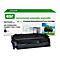 Schwarze Toner-Kartusche vor einer Verpackung mit dem Text: "environmental, sustainable, responsible".