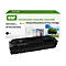 Eine schwarze Tonerkartusche liegt vor einer Kartonverpackung mit Schriftzügen wie „esr“ und „Premium Remanufactured Toner Cartridge“
