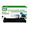 Schwarze ESR-Toner-Kartusche mit Verpackung. Aufschrift: environmental, sustainable, responsible. Im Hintergrund eine Büroszene und ein Baum.