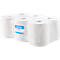 Un pack de six rouleaux de papier essuie-tout blancs dans une feuille transparente. Une étiquette bleue avec le mot WIPEX est attachée à un rouleau.