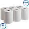 Six rouleaux de papier de cuisine blanc, texturés, avec une infographie bleue.