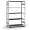 Estantería de metal gris con cuatro estantes sobre fondo blanco.