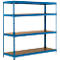 Estantería metálica azul con cuatro niveles y estantes de madera marrón.