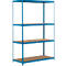 Estantería metálica azul con cuatro niveles. Las estanterías son de madera. La estantería está sobre un fondo blanco.