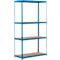 Estantería metálica azul con cuatro estantes de madera. La estructura es abierta, con agujeros en los postes metálicos.