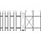 Dibujos lineales de una estructura de andamio con dimensiones. Un puntal diagonal estabiliza el andamio.