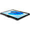 Schwarzes Tablet mit blauem Windows-Logo auf dem Bildschirm vor neutralem, weißem Hintergrund.