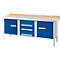 Etabli à 3 éléments PWi 200-4 ESD Schäfer Shop Select, plateau en hêtre multiplex, avec recouvrement en acier, L 2000 x P 700 x H 840 mm, jusqu'à 750 kg, bleu gentiane/aluminium blanc