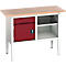 Etabli à bacs Bott verso, avec plateau en multiplex, 1 tiroir &amp; 1 tablette &amp; 1 porte, L 1250 x P 600 x H 830 - 930 mm, gris clair / rouge pourpre