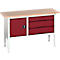 Etabli à bacs Bott verso, avec plateau en multiplex, 3 tiroirs &amp; 1 porte, L 1500 x P 600 x H 830 - 930 mm, gris clair RAL 7035 / rouge pourpre RAL 3004