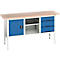 Etabli à bacs Bott verso, avec plateau en multiplex, 3 tiroirs &amp; 1 tablette &amp; 1 porte, L 1750 x P 600 x H 830 - 930 mm, RAL 7035 gris clair / RAL 5010 bleu gentiane