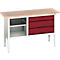 Etabli à bacs Bott verso, plateau en multiplex, 3 tiroirs &amp; 1 tablette, L 1500 x P 600 x H 830 - 930 mm, RAL 7035 gris clair / rouge pourpre