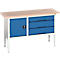 Etabli Bott verso, jusqu'à 600 kg, 3 tiroirs &amp; 1 porte, L 1500 x P 600 x H 830 - 930 mm, hêtre multiplex, acier, gris clair RAL 7035 / bleu gentiane RAL 5010