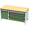Établi avec plateau en bois brun clair, tiroirs et armoire verts. Les côtés sont gris clair.