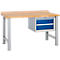 Établi modulaire SSI Schäfer, 3 parties, sous-structure avec 2 tiroirs et verrouillage central, jusqu'à 500 kg, bois de hêtre et acier