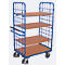 Etagenwagen, Stahl/MDF-Platte, Enzianblau/Buche-Dekor, 1 Etage, 1000 x 700 mm, 2 Stirnwände aus Drahtgitter, mit Totmannbremse, bis 500 kg