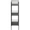 Étagère noire avec quatre étagères ouvertes. Cadre métallique, design simple.