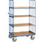 Etagewagen, 4 houten legborden, tot 600 kg, kopwanden met steunen, 1200 x 800 mm, staal, blauw