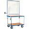 Mobiele behandel- of presentatietafel met whiteboard en ontsmettingsmiddelhouder. Blauw en houtkleurige constructie.