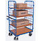 Etagewagen, staal/MDF-plaat, decor gentiaanblauw/beuken, 1 etage, 1000 x 700 mm, 2 eindborden van draadgaas, met dodemansknop, tot 500 kg