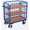 Etagewagen van draadgaas, staal/MDF-plaat, decor gentiaanblauw/beuken, 1 etage, 850 x 500 mm, inhaakbare zijwanden, EasySTOP, tot 400 kg