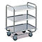 RVS serveerwagen met drie planken en vier wielen.