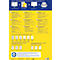 Gelber Flyer mit Produktabbildungen und Informationen über Recycling-Etiketten. Oben steht: Etiketten einfach schnell gestalten und drucken!