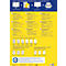 Gelb-blaues Poster mit Anweisungen zum Etikettendruck, Labels und Logos. Oben: 4 Icons. Unten: Labels, Etiketten.