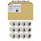 Productverpakking met etikettenrollen, beschreven met technische specificaties en barcode. Onder 12 rollen etiketten.